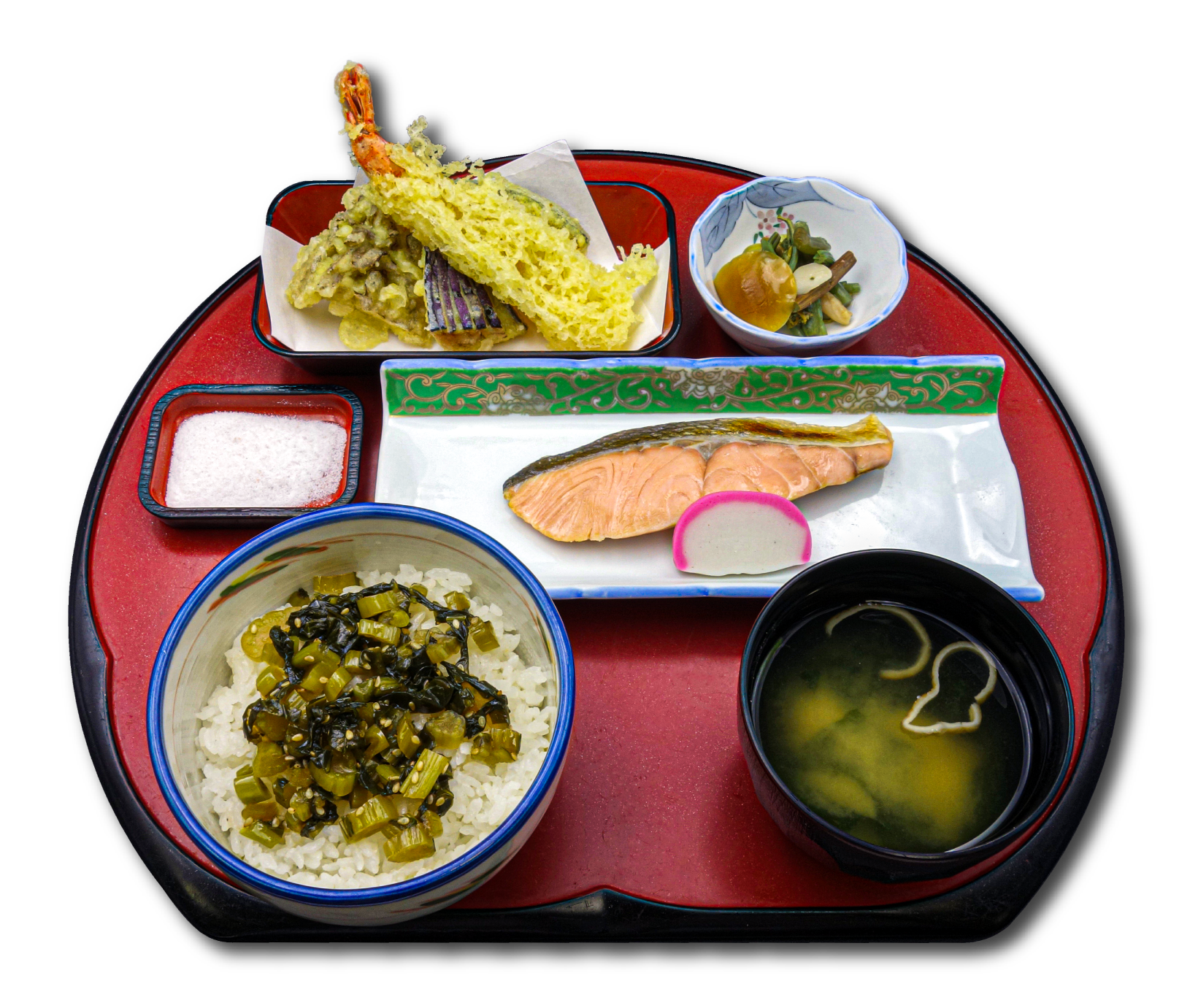 ムスリムフレンドリー鮭の塩焼きと天ぷら盛合せの画像